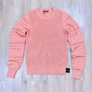 INC Women's XS NWT Peach Coral Pink Cotton Blend Crewneck Pointelle Sweater New